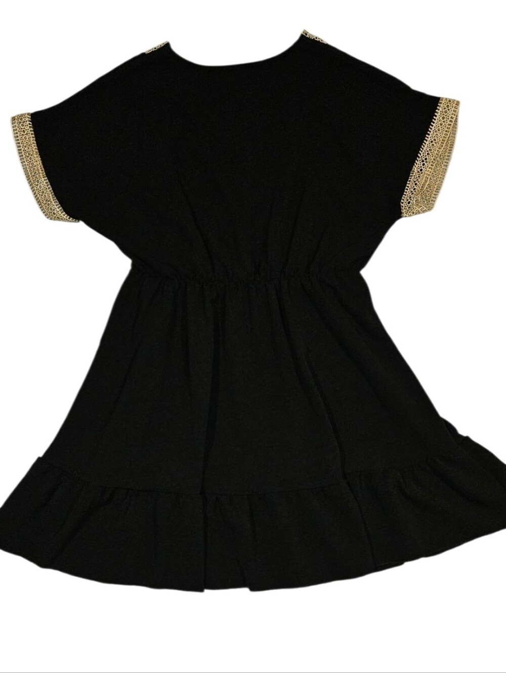 SHEIN Women's XL Black Boho Babydoll Dress with Cream Crochet V-Neck and S/S - Picture 2 of 11